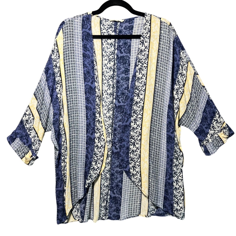 Entro Striped Floral Print Kimono Jacket Blue‎ Yellow White Size Small